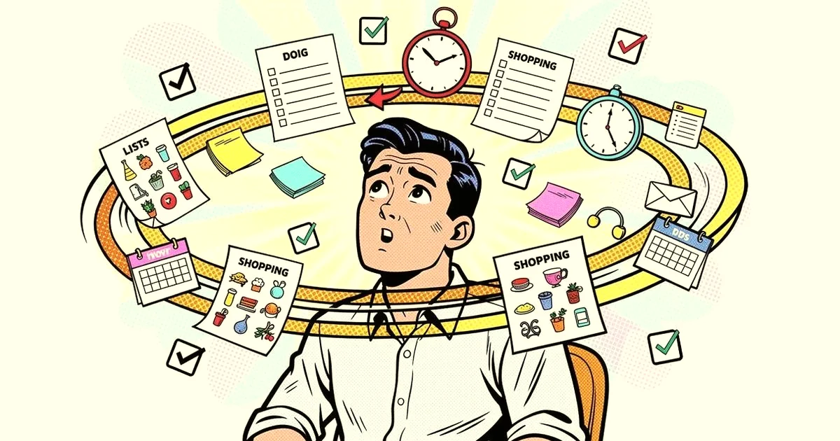 Pop-Art-Comic: Mann mit kreisenden Gedanken wie ein Karussell um den Kopf, To-do- und Einkaufslisten schwirren herum