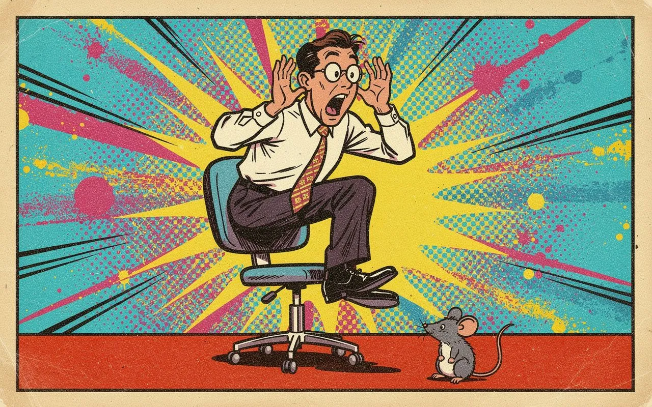 Pop-Art-Comic: Mann springt erschrocken auf den Bürostuhl vor einer winzigen Maus