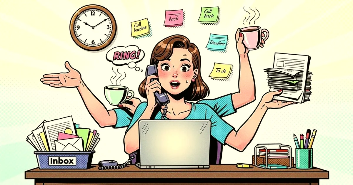Pop-Art-Comic: Person jongliert gleichzeitig Laptop, Telefon, Kaffee und Notizzettel, sichtlich überfordert