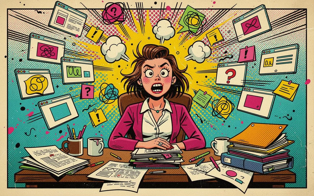 Pop-Art-Comic: gestresste Frau am Schreibtisch, hunderte Gedanken-Tabs schwirren um ihren Kopf