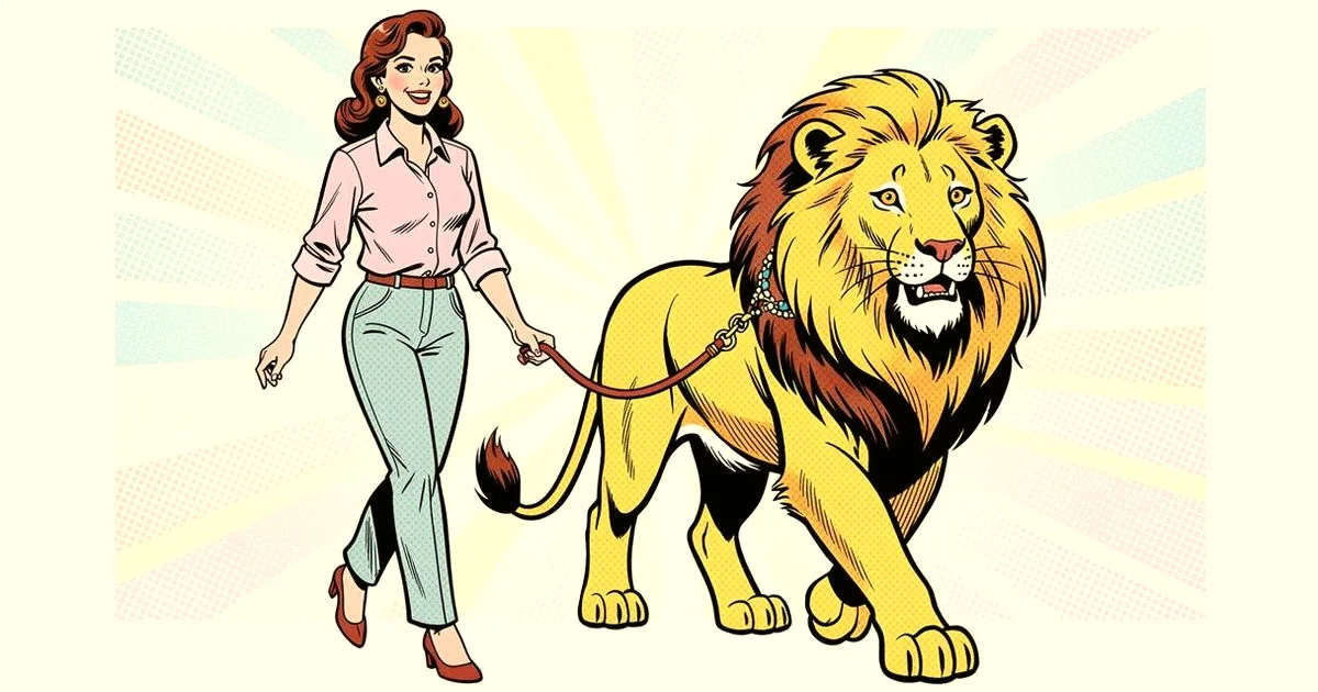 Pop-Art-Comic: eine Frau führt einen freundlichen, gezähmten Löwen an der Leine – Stress als Verbündeter statt Feind