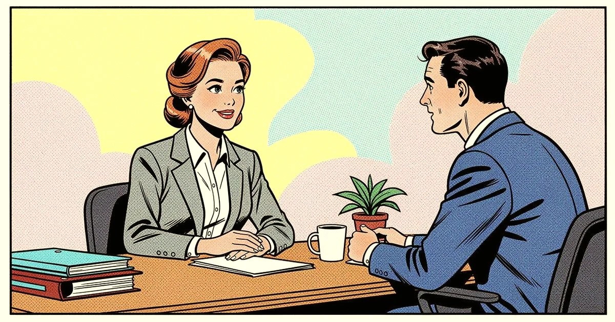 Pop-Art-Comic: eine Frau spricht selbstbewusst und aufrecht in einem Bürogespräch