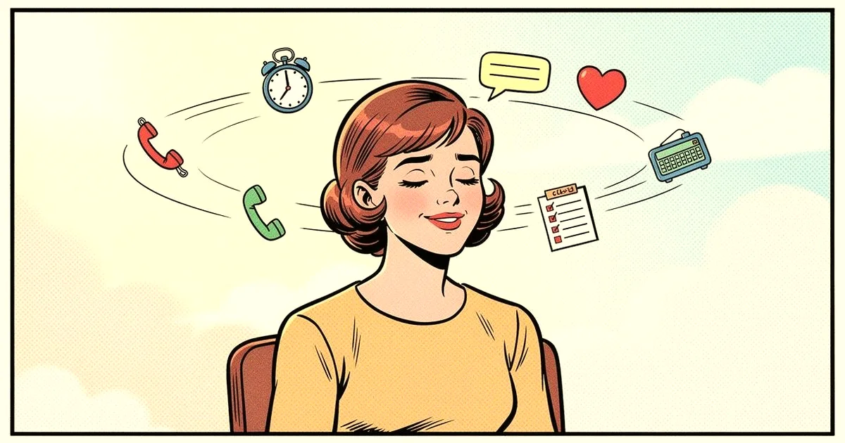 Pop-Art-Comic: eine Frau atmet erleichtert auf, das Gedankenkarussell um ihren Kopf kommt zur Ruhe