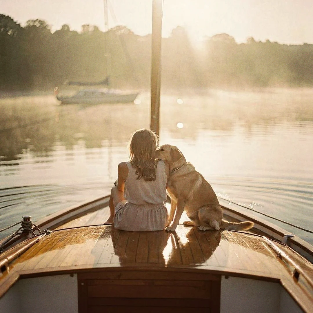 WolfsRudel Begleitung — Mensch und Hund auf einem Boot am See